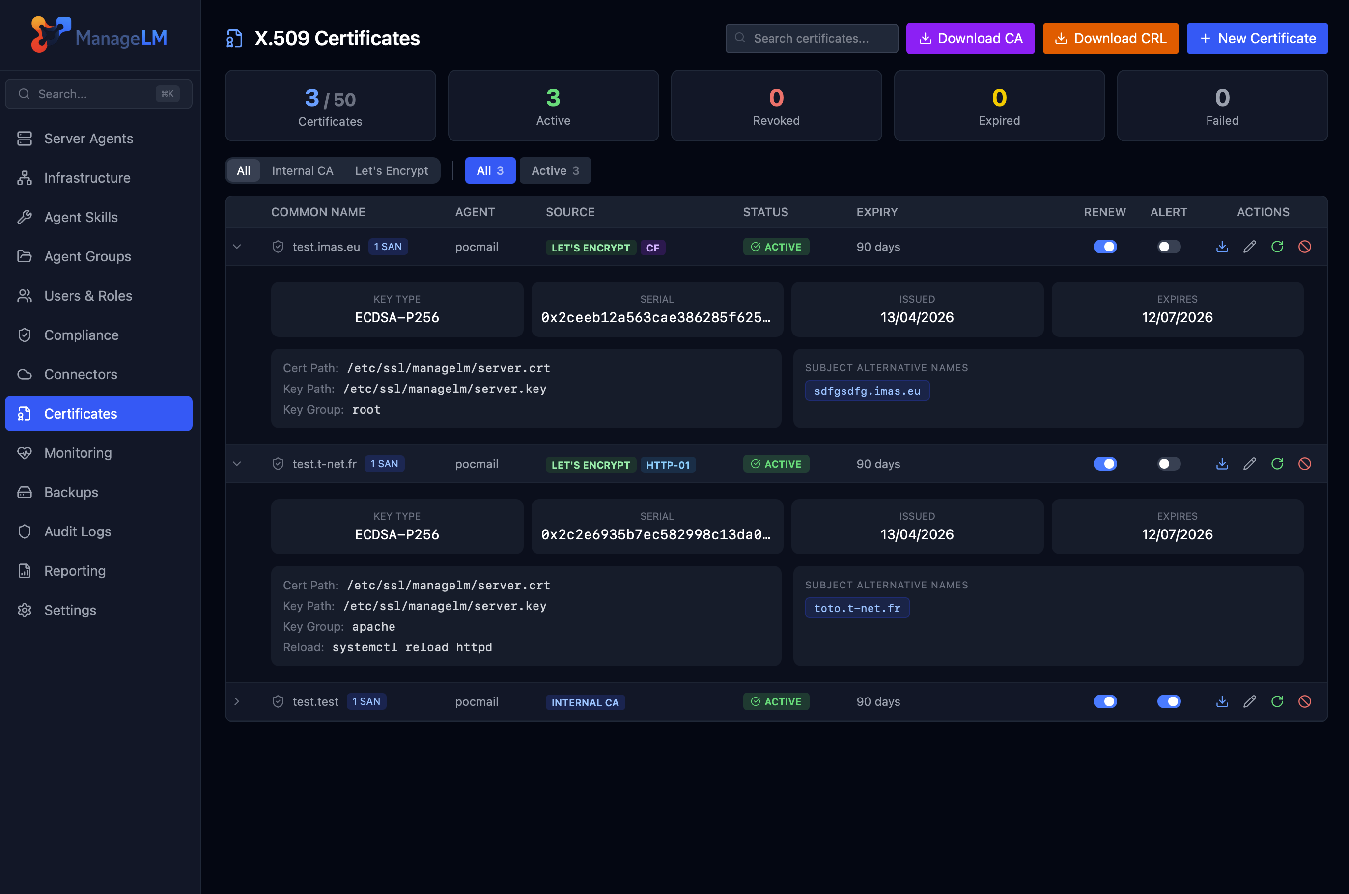 ManageLM certificates viewer
